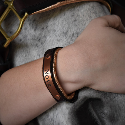 Rose Gold Padded Leather Bracelet with Custom Rose Gold Nameplate