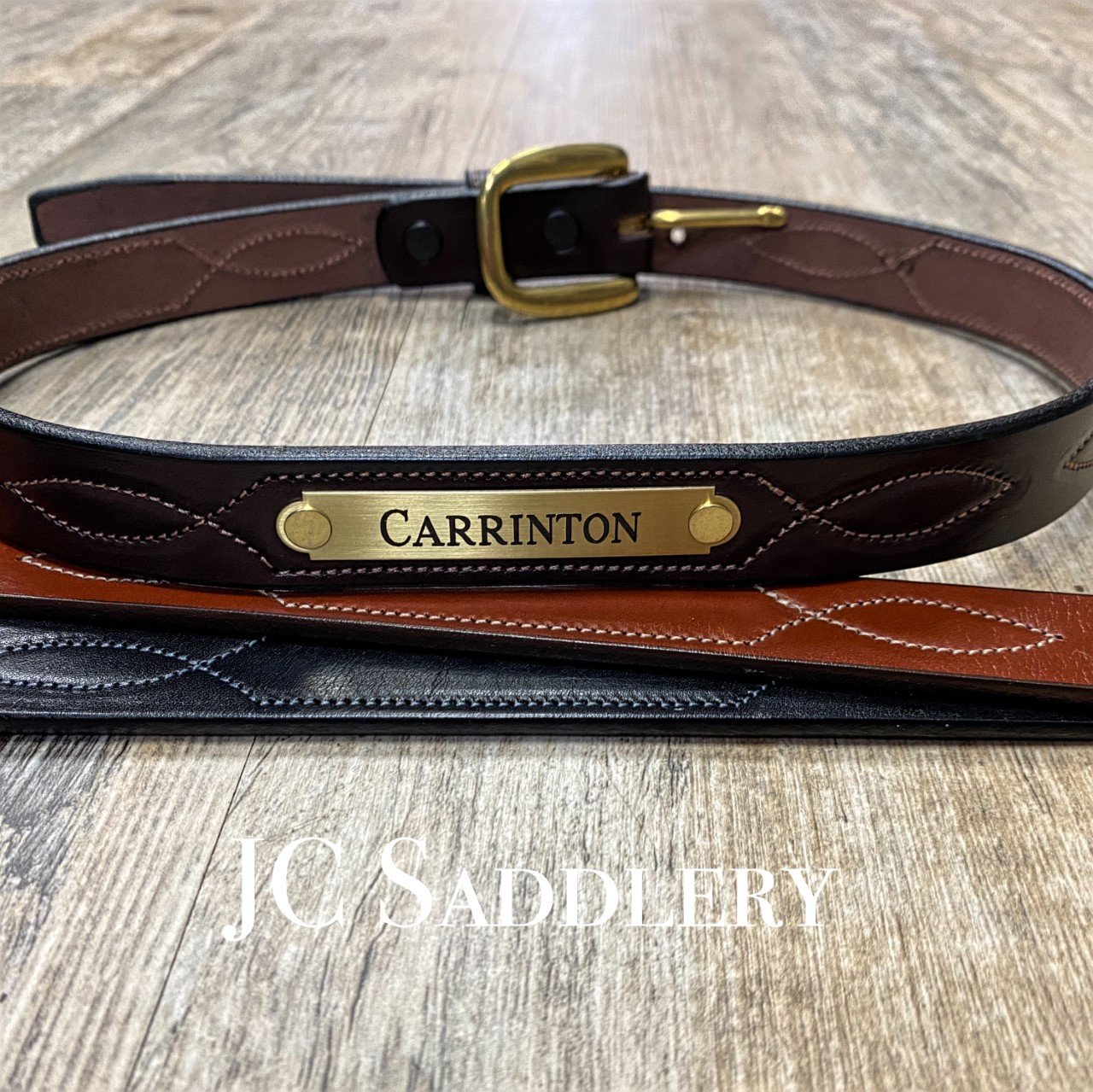 1.5" Fancy Stitched Leather Belt with Custom Engraved Nameplate
