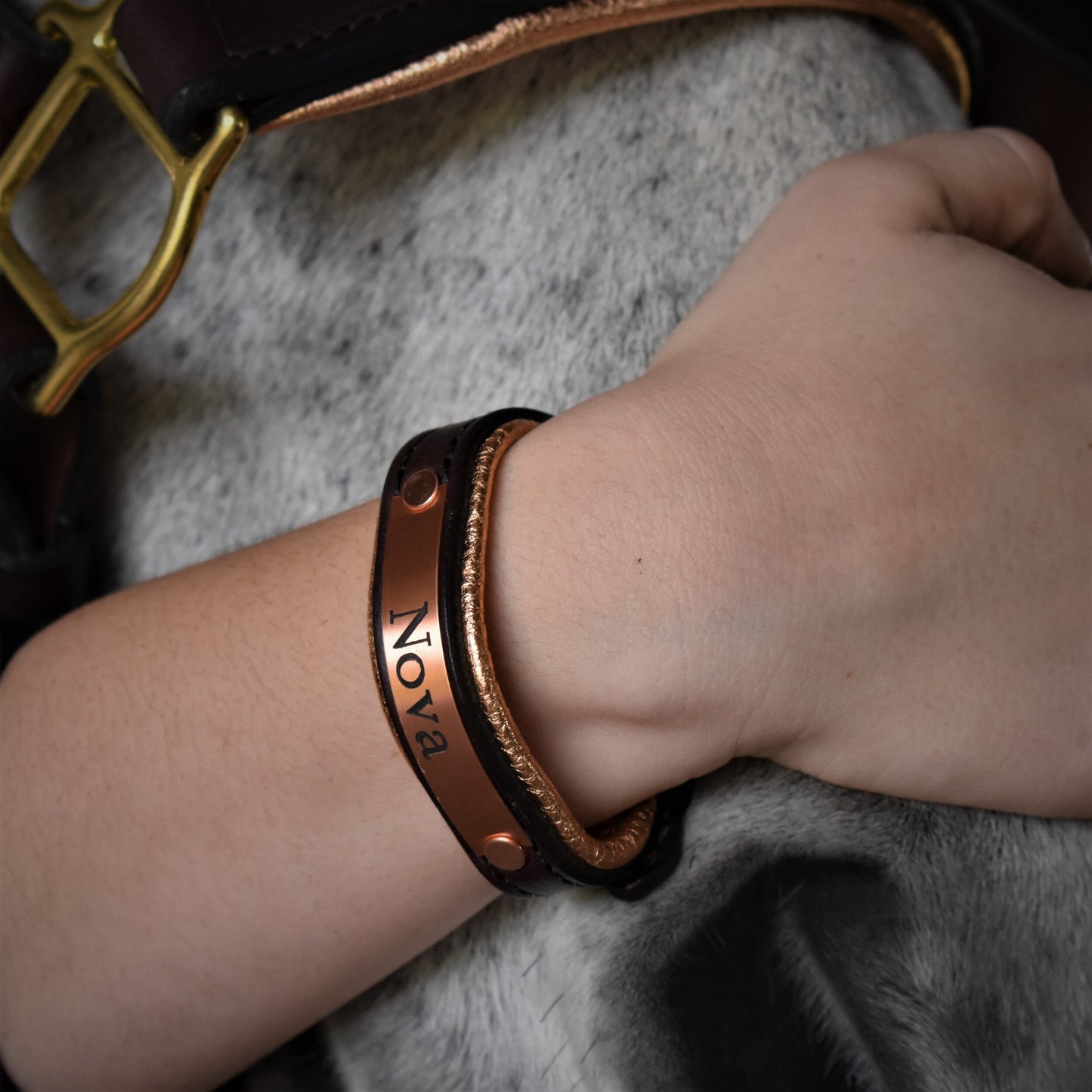 Rose Gold Padded Leather Bracelet with Custom Rose Gold Nameplate
